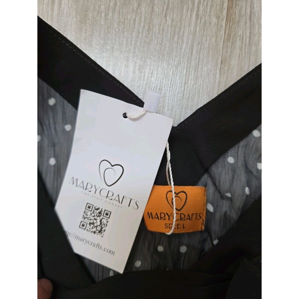NWT Marycrafts Polka Dot Sheer Tie Neck Chiffon Fit Flare Dress Navy & Black L - Picture 4 of 9